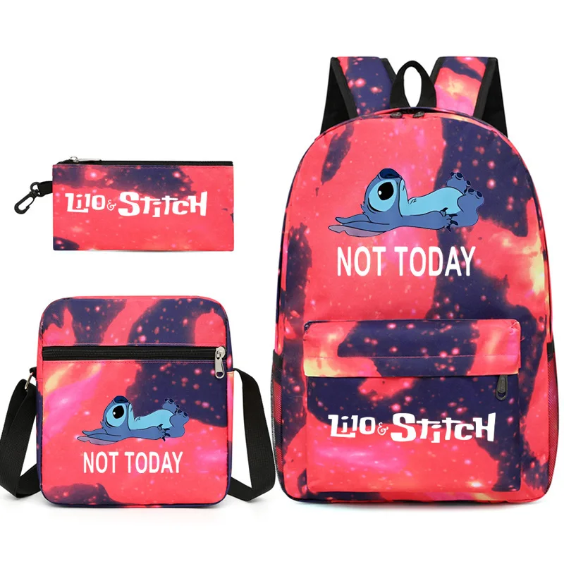 

3PC-SET MINISO Disney New Cartoon Animation Stitch Animation Peripheral Printed School Bag Pen Bag Flower Shoulder Bag Backpack