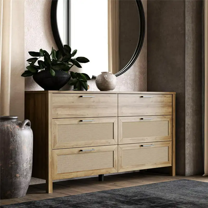 

6 Drawer Dresser, Natural with Faux Rattan