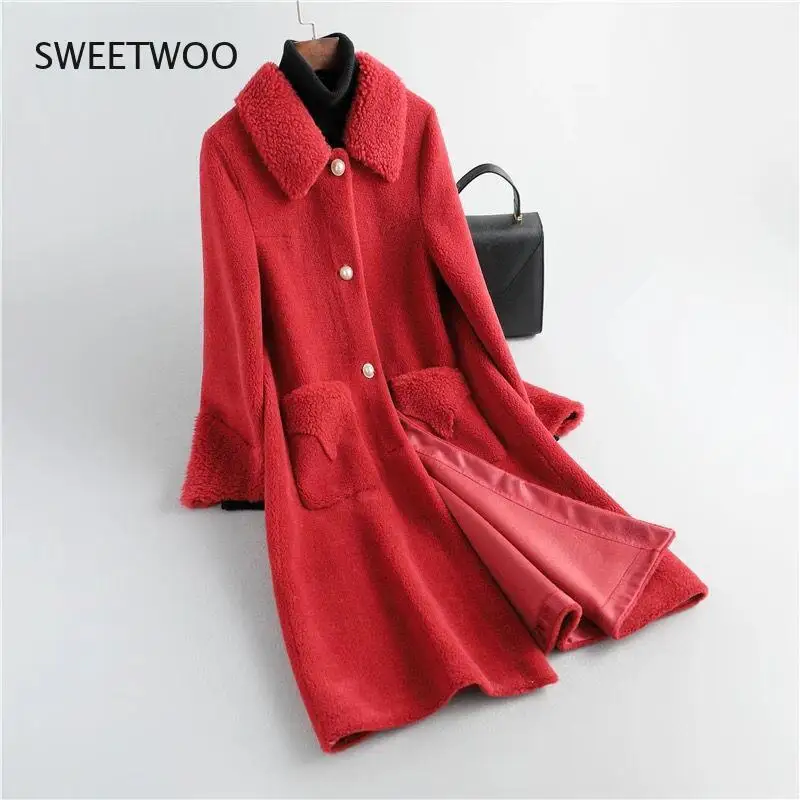 2021 Women New Winter Genuine Lamb Fur Coats Female Long Real Sheep Shearing Jackets Ladies Solid Slim Warm Overcoats Contracted