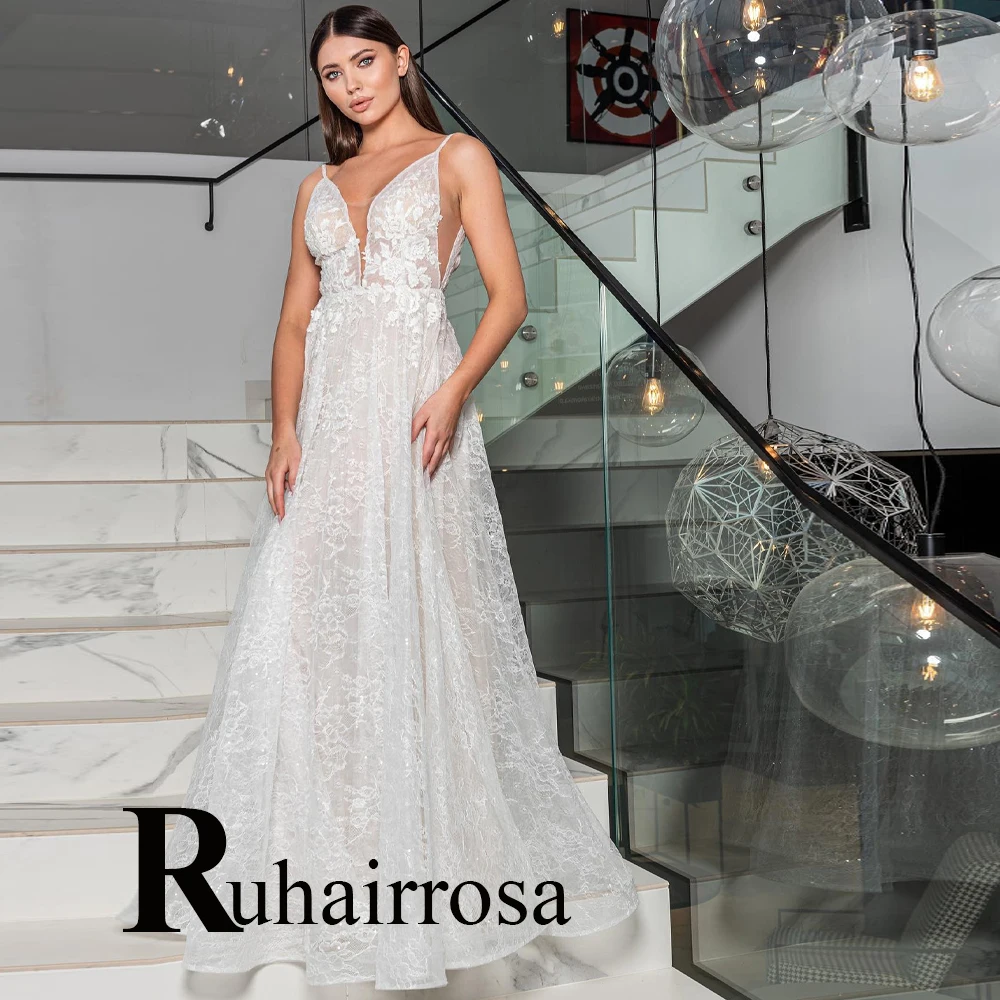 

Ruhair New Arrivals V-Neck Wedding Dresses For Bride Appliques Lace Spaghetti Straps Backless Made To Order Vestidos De Novia