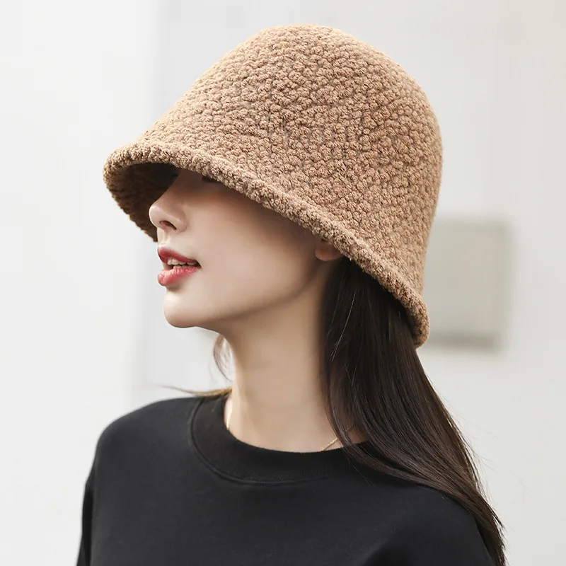 

Fashion Lamb Wool Bucket Hats for Women Korean Version Fisherman Hat Retro Winter Warm Bucket Hats for Men Tide Simple Bonnet