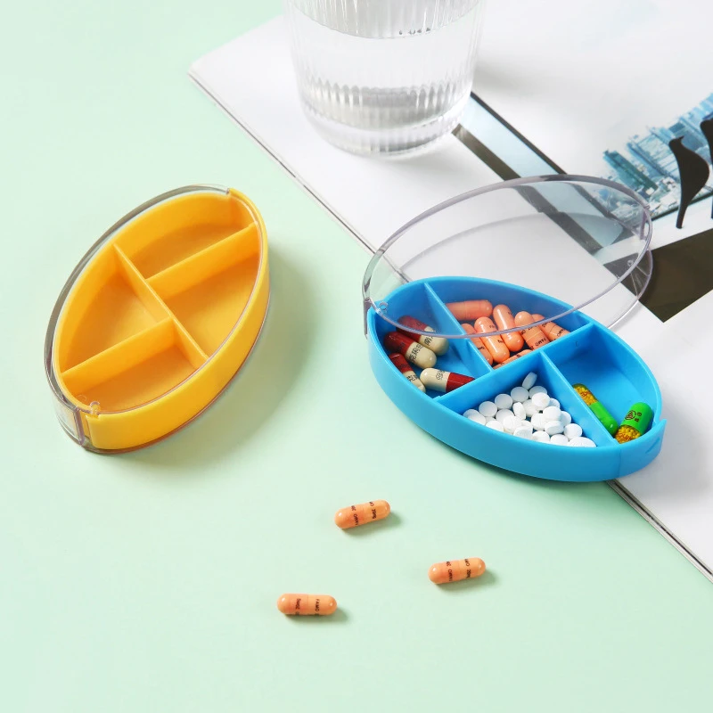 

1pc 4 Grids Oval Rotating Pill Box Storage Box Pill Travel Pill Box Sealed Small Pill Box With Lid Rotatable Medicine Container
