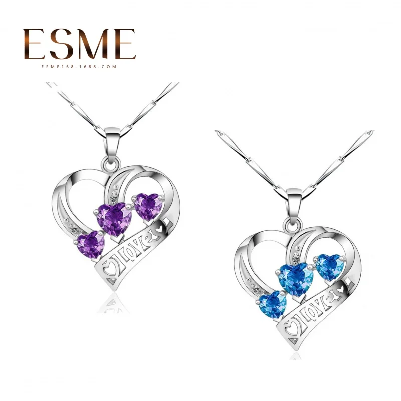 

Женское посеребренное ожерелье в японском и корейском стиле простое ожерелье с подвеской из Трех Сердец и аметистом с покрытием из белого з...