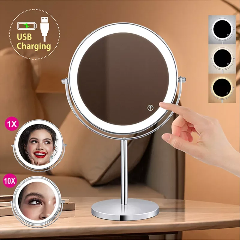 

2022New 8inch 10X Magnifying LED Makeup Mirror with 3 Color Light Touch Switch Double Side USB Charging Desktop Vanity Cosmetic