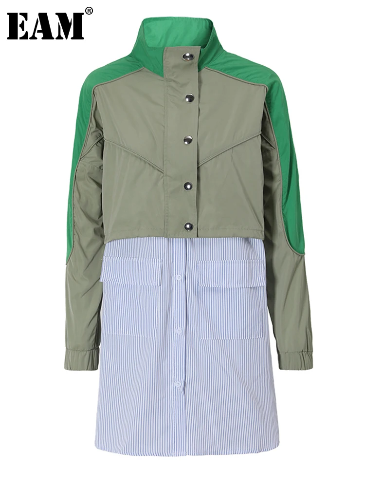 

[EAM] Women Striped Big Size Green Color-block Shirt Dress New Lapel Long Sleeve Loose Fit Fashion Spring Autumn 2023 YF272105