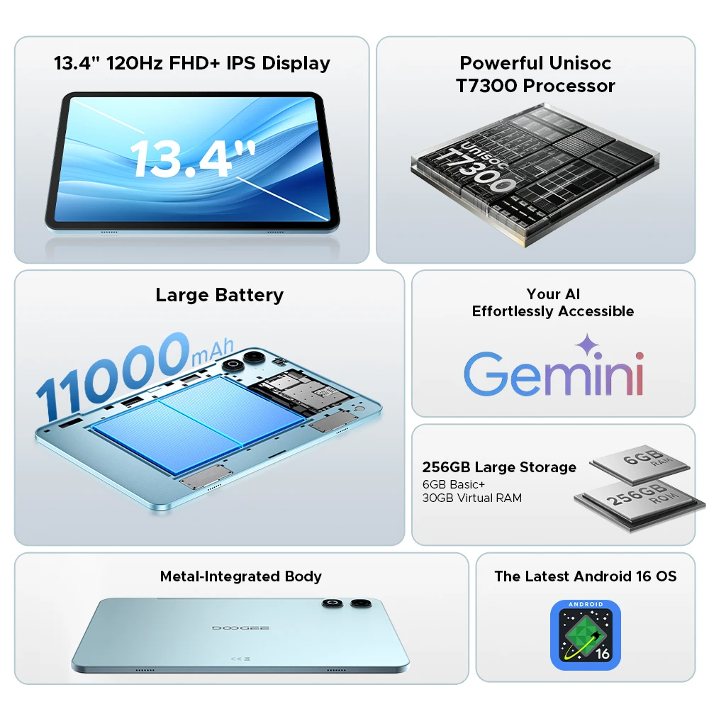 Фото Планшет DOOGEE U13 Pro, Android 16, Gemini AI, 13'' FHD+ 120Гц, UNISOC T7300, 32ГБ+256ГБ, аккумулятор 11000мАч, 13МП+8МП, Smart Pad №2