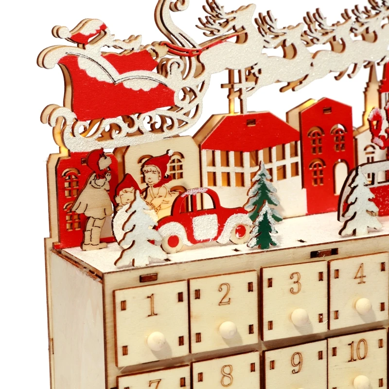 

Christmas Plywood Advent Calendar Book Xmas Countdown Christmas Decoration with Drawers & LED Lights Gifts for Adult Kid