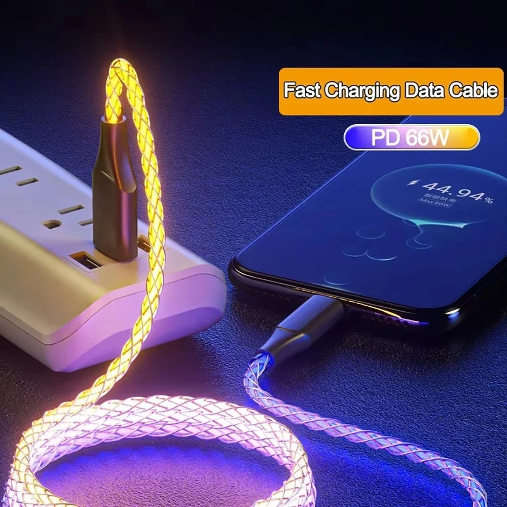 Фото Кабель USB-C для быстрой зарядки 6A 66W с RGB-подсветкой и градиентным эффектом, двойной Type-C, для быстрой зарядки и передачи данных №3