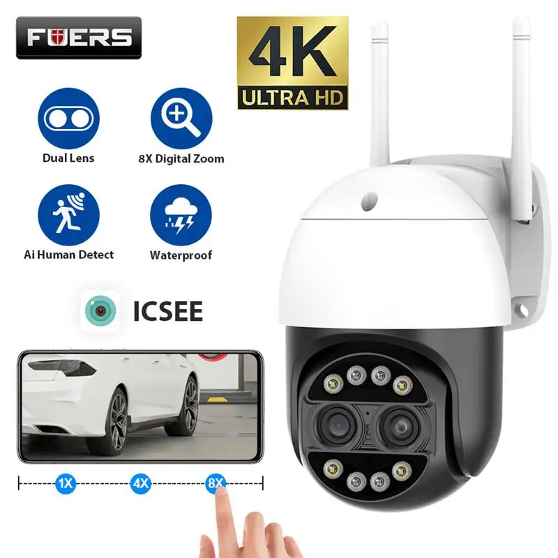 

Камера Наружного видеонаблюдения FUERS, 8 Мп, 4K, 8x, Wi-Fi, PTZ