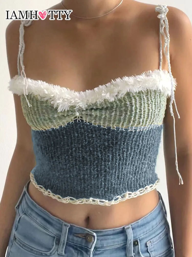 

IAMHOTTY Patchwork Knitted Crop Top Women Fairycore Grunge Camis Beach Holiday Sleeveless Tops Sexy Corset Clubwear Y2K Vest