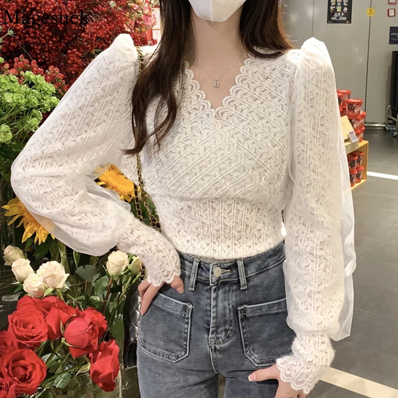 

Spring Cross V-neck 4XL Ladies Shirts 2022 Mesh Patchwork Sweet Blouse Long Sleeve Women Tops Slim Fit White Flower Blouse 18943