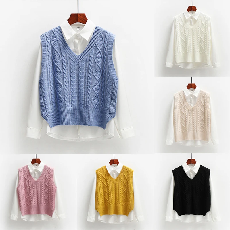 

Women Sweater Vest Short Knitted Sleeveless Tank Tops Japanese-style V-neck All-match Loose Students Fashion Ulzzang Waistcoat