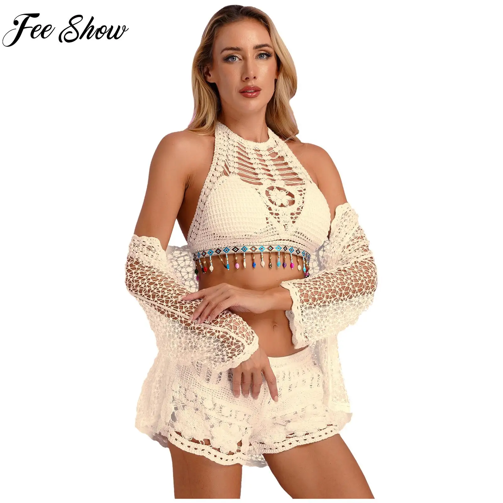 

Женский купальник из 3 предметов в стиле бохо, Пляжная накидка с лямкой на шее, топ с подкладкой и мини-шорты, кардиган, наряд для отпуска