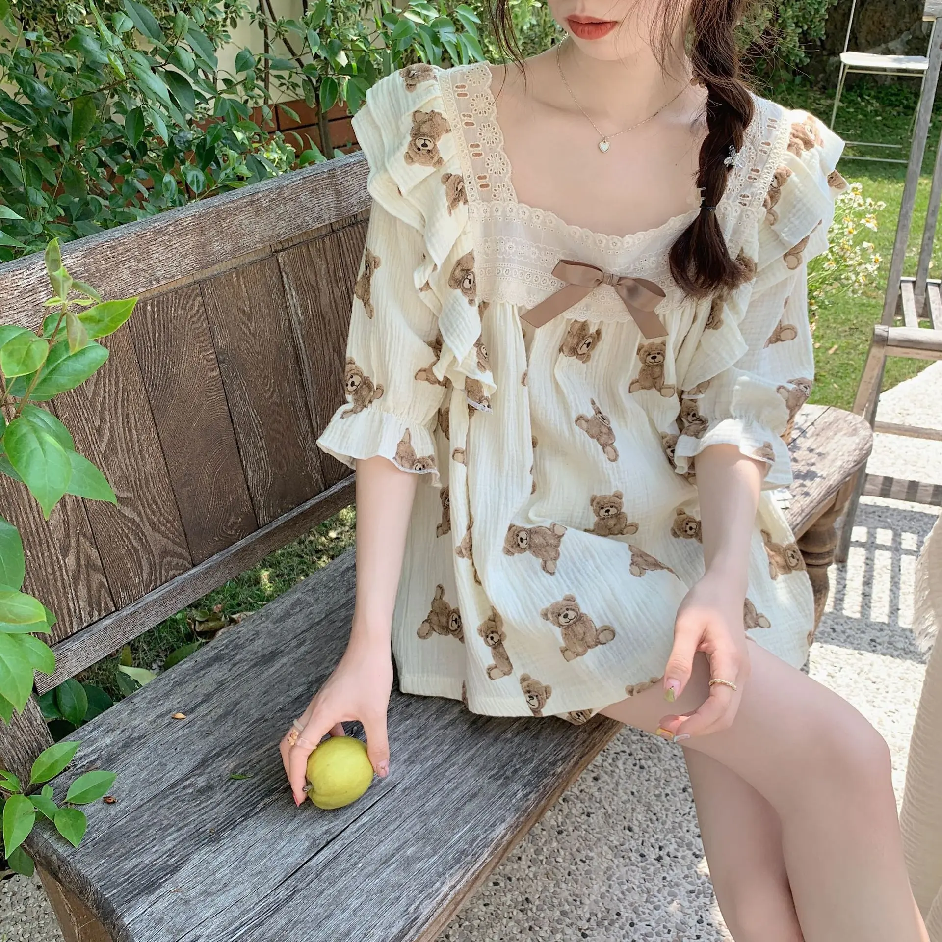 Women's Pajamas Cotton Printing Korean Style Trumpet Half Sleeves Bow Square Collar Top Loose Shorts Nightwear Women Loungewear