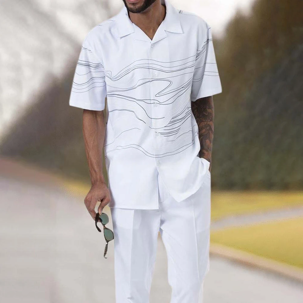 Casual Hawaiian Shirt Suit Men's Summer Vacation Beach Style Print Contrast Color Short-sleeved Shirt Trousers Two-piece Set