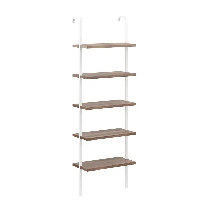 Theo 5 - Shelf Ladder Bookcase Natural Light Brown Wooden Shelf and White Metal Frame