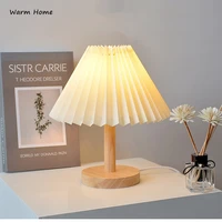 2022 vintage pleated craft shade lamp solid wood bedside decor control led desk lamps for bedroom living room table night lights