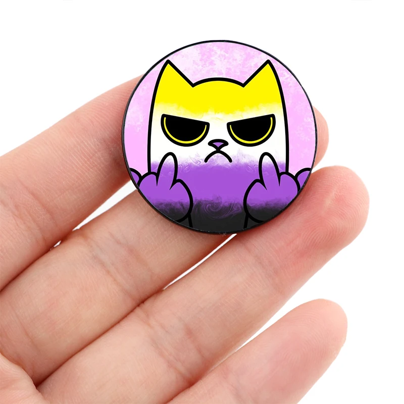 Nonbinary Pride Middle Finger cat Pin Custom Funny Brooches Shirt Lapel Bag Badge Cartoon enamel pins for Lover Girl Friends