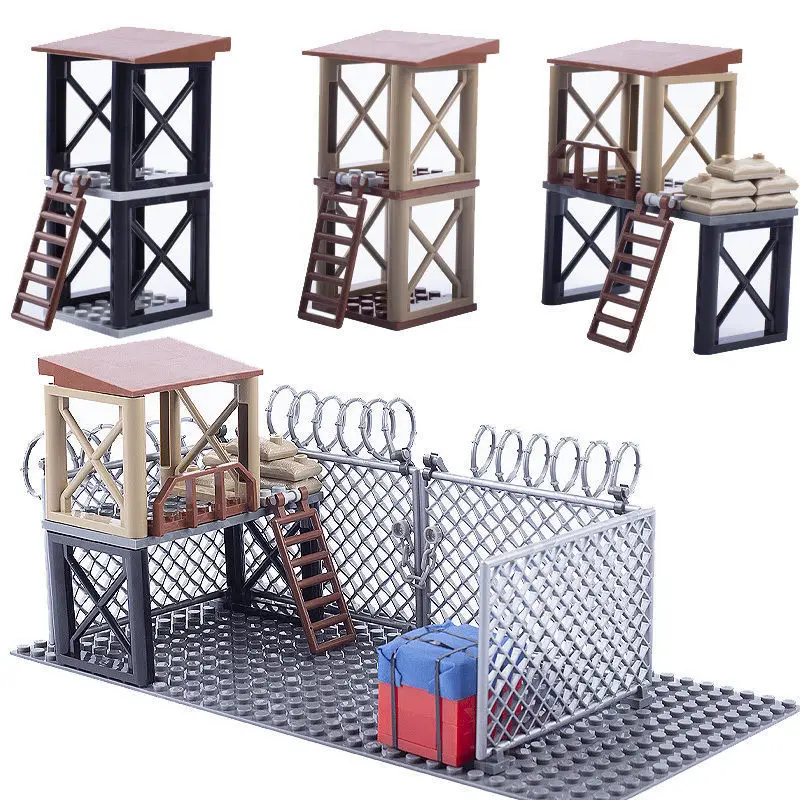 

MOC Building Blocks Military Assembled Building Blocks Lookout Sentry Figures Warning Platform Airdrop Scene Small particle toys