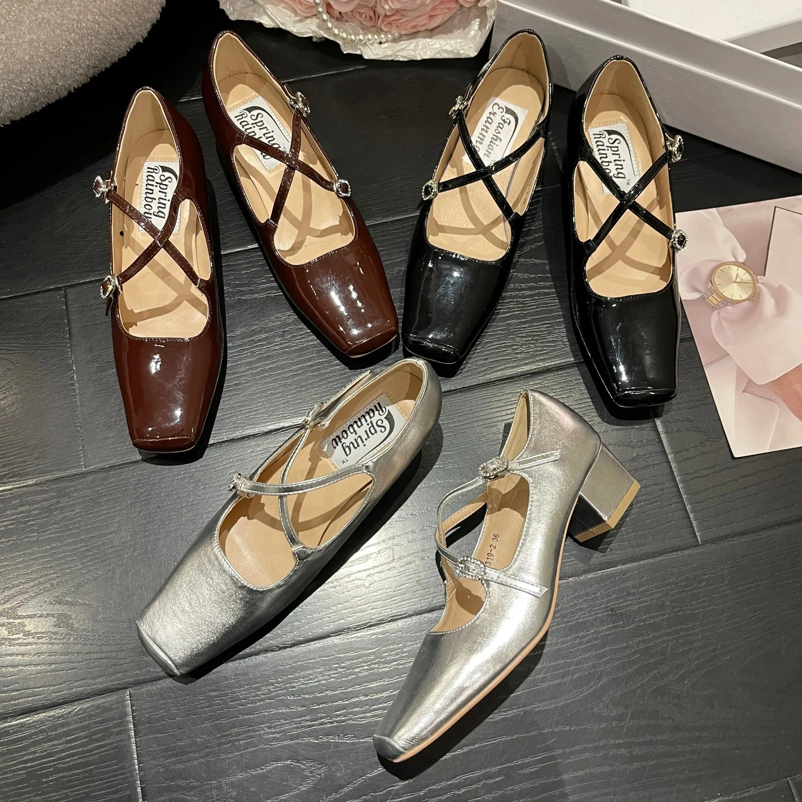 

Туфли женские на блочном каблуке, Туфли Мэри Джейн с пряжкой, квадратный носок, с закрытым носком, лакированная кожа, босоножки в стиле "Лоли...