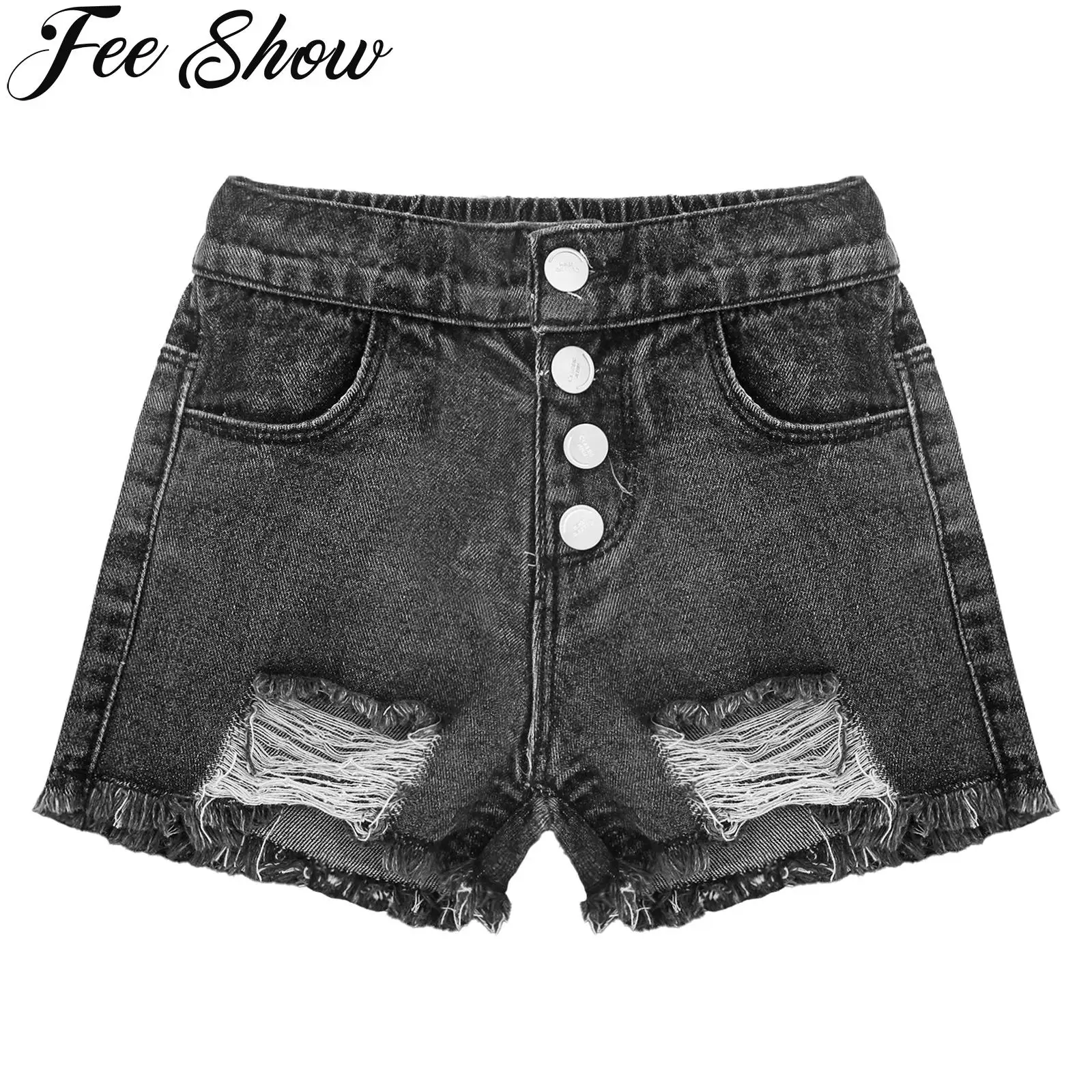 

Детские шорты для девочек с высокой талией, детские джинсовые шорты, эластичные рваные Летние повседневные школьные модные джинсы с бахром...