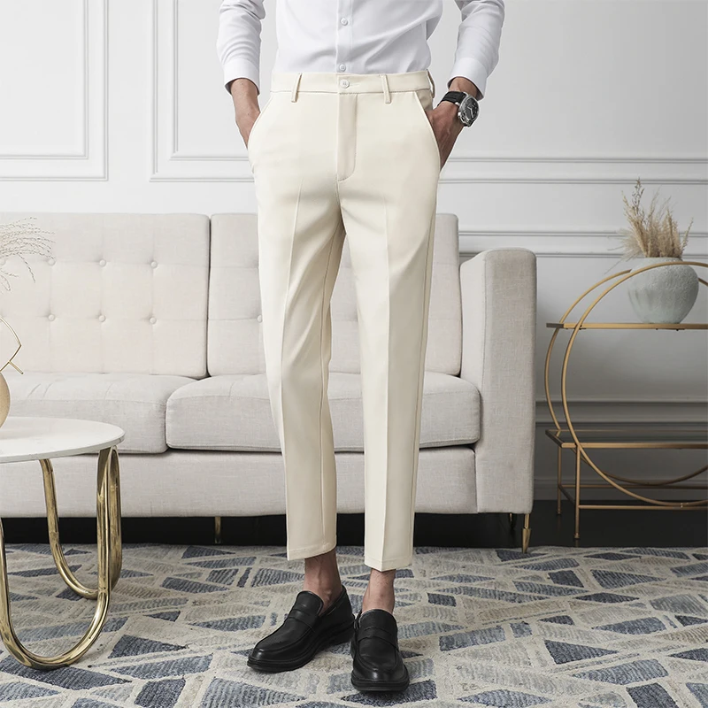 

36 Men Non-iron Fabric Dress Pants Slim Straight Black Apricot Dark Gray Casual Suit Pants Male Business Little Feet Suit Pants