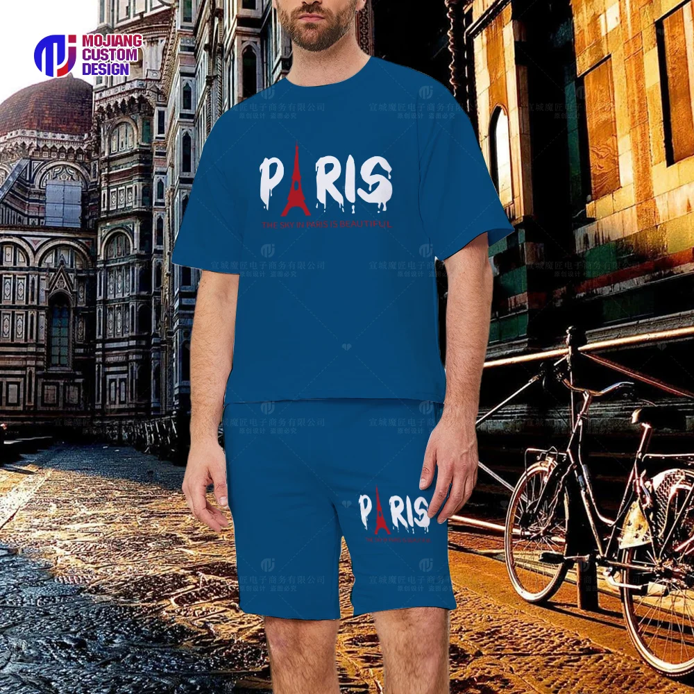Eiffel Tower and Slogan Graphic Print Men's T-Shirts Graphic Summer Cotton Shorts High-end Graphic Hip Hop Tops Shirt Sets