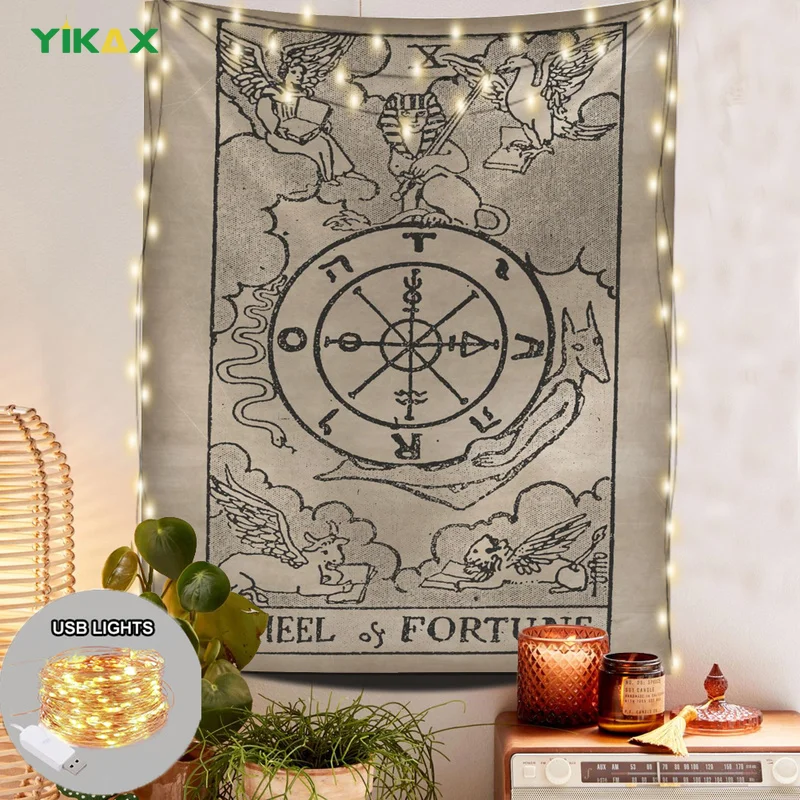 

Tarot Tapestry with Lights Wall Hanging Witchcraft Hippie Beach Throw Rug Carpet Sun Moon Tapestries Bohemian Home Art Decor