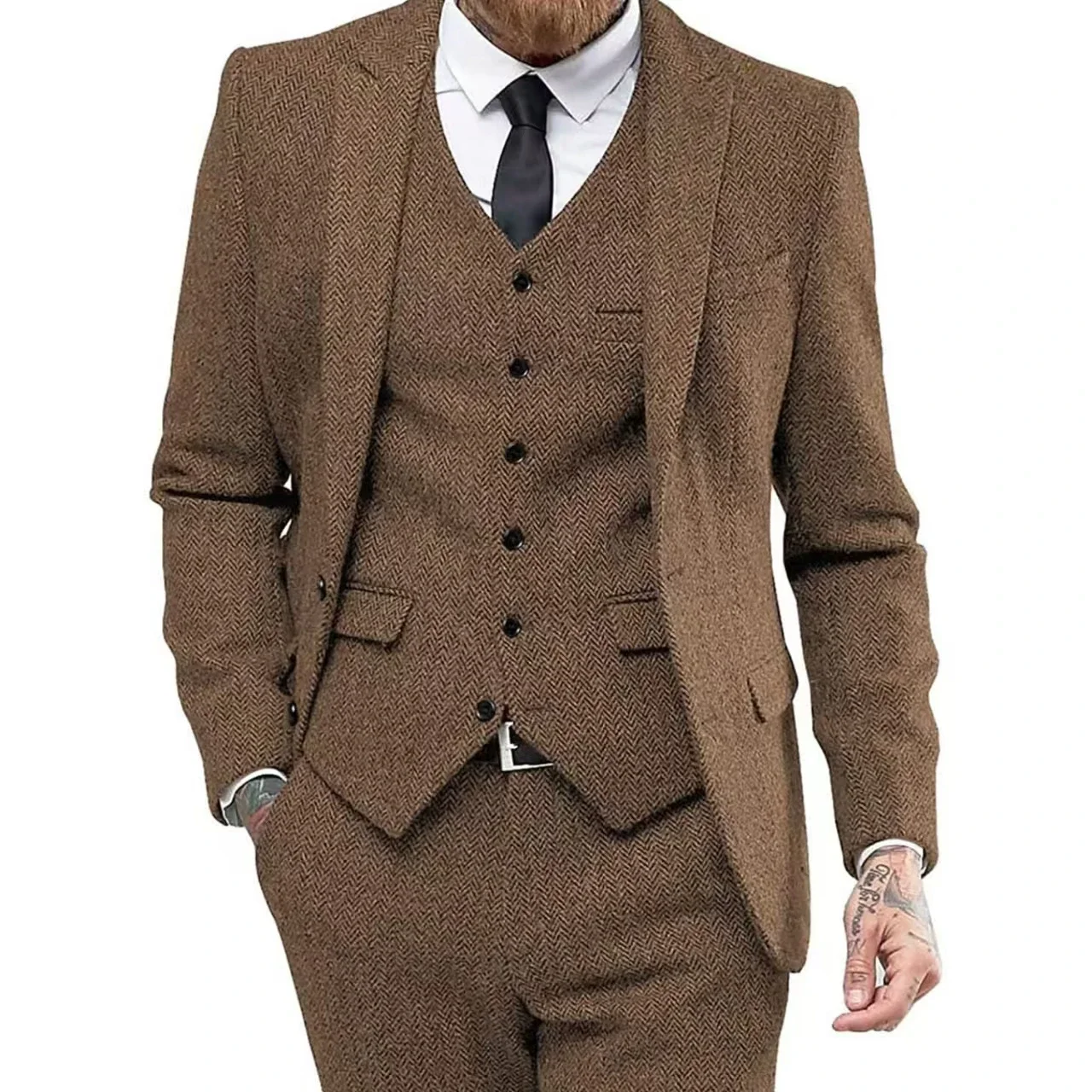 Клетчатый мужской костюм из 3 предметов (пиджак брюки жилет и галстук) цвет в