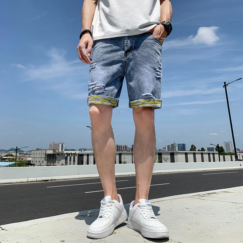 Summer New Beach Casual Men's Denim Shorts Straight Knee-Length Jeans Fashion Trend Loose Ripped Men's Street Short Jeans