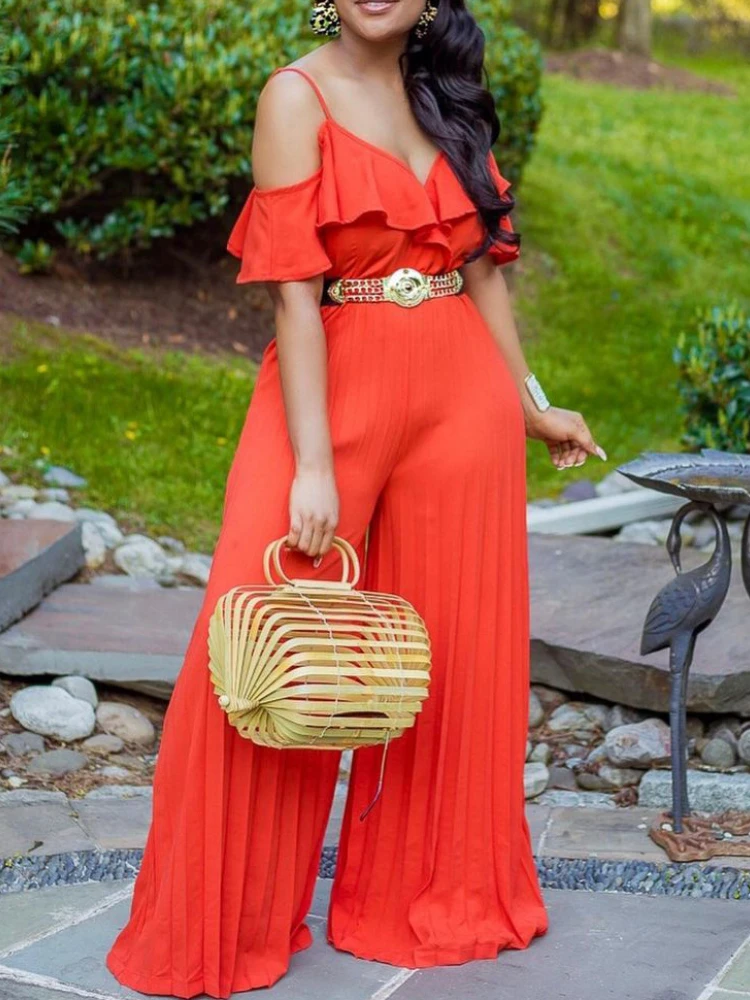 

Women Jumpsuit Cold Shoulder Sexy High Waist Spaghetti Strap V Neck Pleated Wide Leg Summer African One Piece Female Rompers New