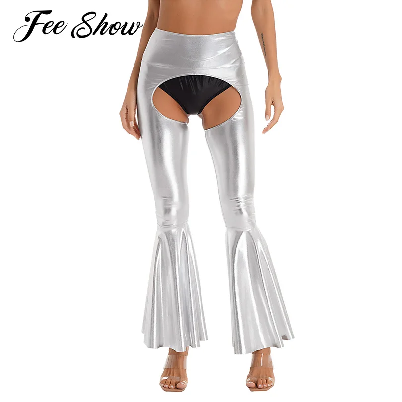 

Womens Metallic Shiny Crotchless Flared Pants High Waist Cutout Bell-Bottomed Trousers Sexy Lingerie Raves Dance Pants Clubwear