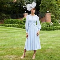 light blue chiffon mother of the bride dresses 2022 elegant long sleeves shiny beads a line tea length wedding party guest gowns