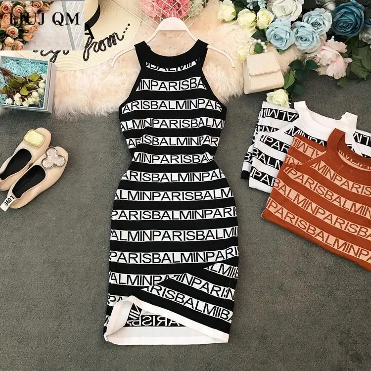 

Knitted Letter Print Women Dresses 2022 Summer Halter Sleeveless Vestidos Sexy Slim Bodycon Dress Spaghetti Strap Office Dress