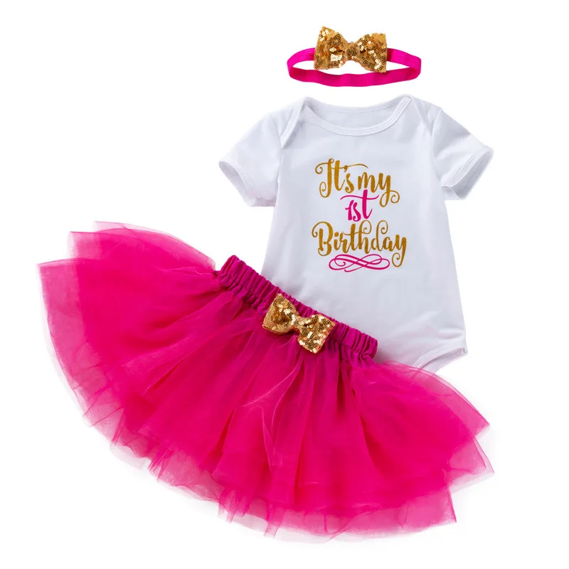 

0-2nd Baby Girl Romper Short Sleeve Tutu Skirts Mesh Princess Headband Birthday Party Baptism Dress Infant Outfit 3piece/set