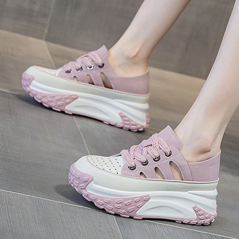 Genuine Leather 2023 Platform Wedge Chunky Sneakers Fashion Hollow Lace Mixed Color Casual Comfy Lady Hidden Heel Female Shoes