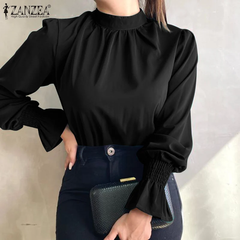 

Casual Flouncing Smocking Solid Shirt ZANZAE Elegant Long Ruffle Sleeve Blouse Women Spring Office Work Blusas Plain Tunic Tops