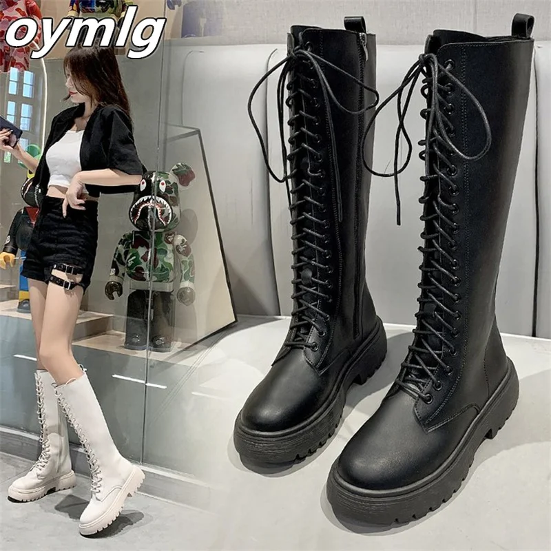 

Motorcycle boots 2022 autumn and winter thick-soled boots women's knee-length lace-up long knight boots tall small boots