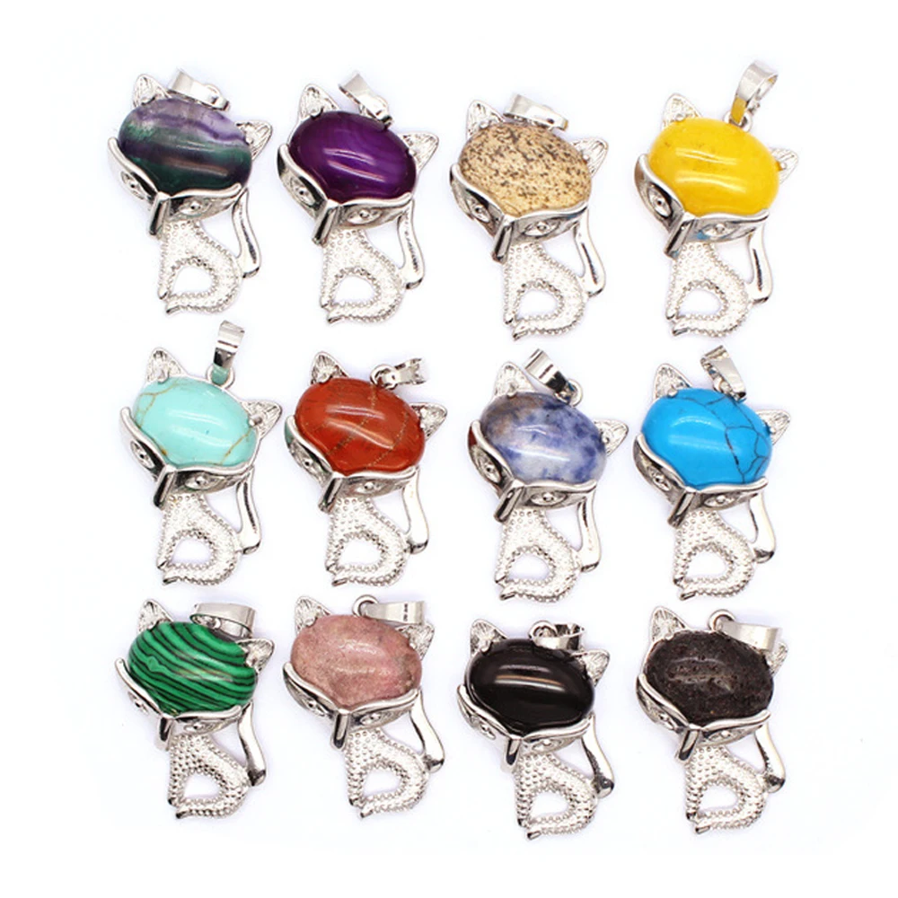 

Mineraali Natural Stone Fox Animal Pendant Necklace Reiki Agate Fluorite Cabochon Bead Charm Jewelry Amulets Mascot Gifts Womens