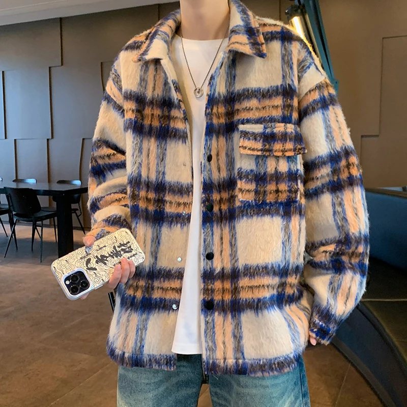 Graceful Wool coat Men's Autumn and Winter Korean Fashion Plaid Outerwear Japan fashion Retro Lapel Woolen Jacket