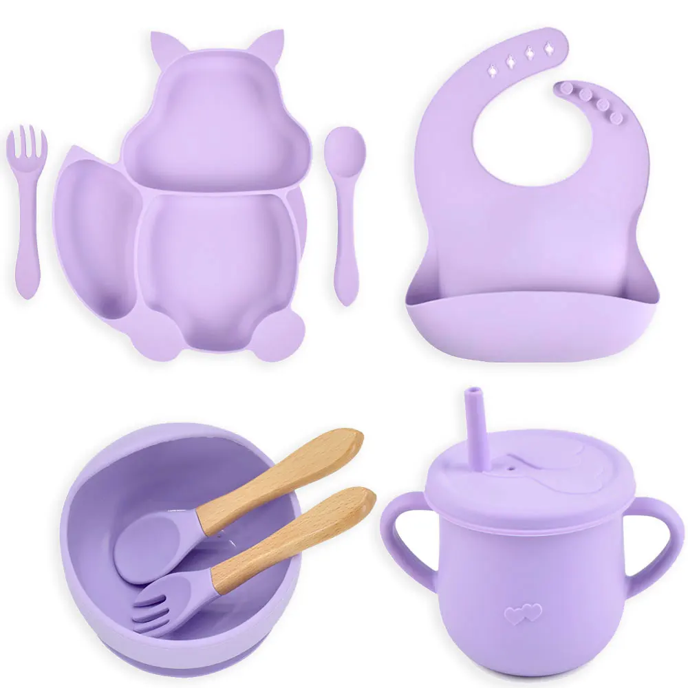 

5/8 PCS Baby Soft Silicone Sucker Bowl Plate Cup Bibs Spoon Fork Sets BPA Free Children's Non-slip Tableware Feeding Dishes