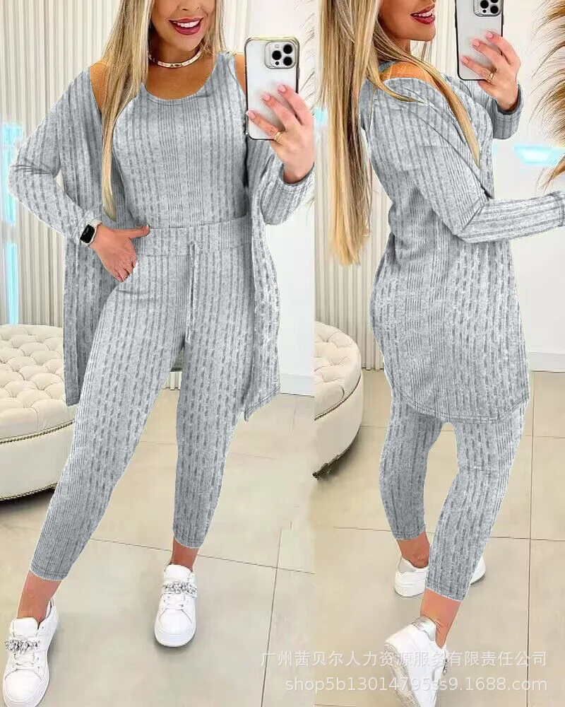 

2023 Womens Pant Sets Grey Tank Top Set Long Pants Long Sleeve Coat 3 Piece Set for Women