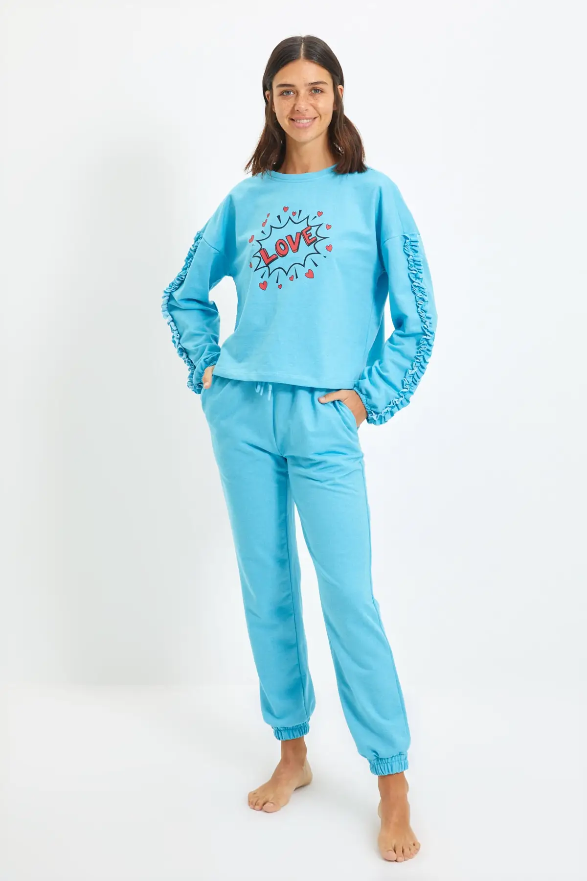 

Trendyol Ruffle Detail Printed Knitted Pajamas Set THMAW22PT0243