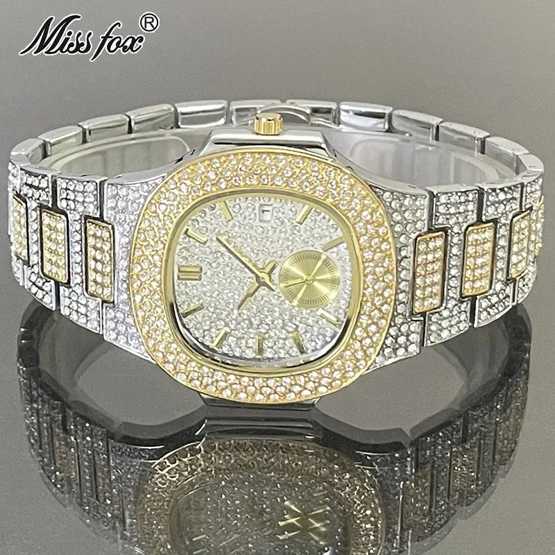 

Hip Hop Brand MISSFOX Gold Sliver Iced Out Fashion Watches Men Full Diamond Steel Sports Watch Luxury Automatic Date AAA Clocks