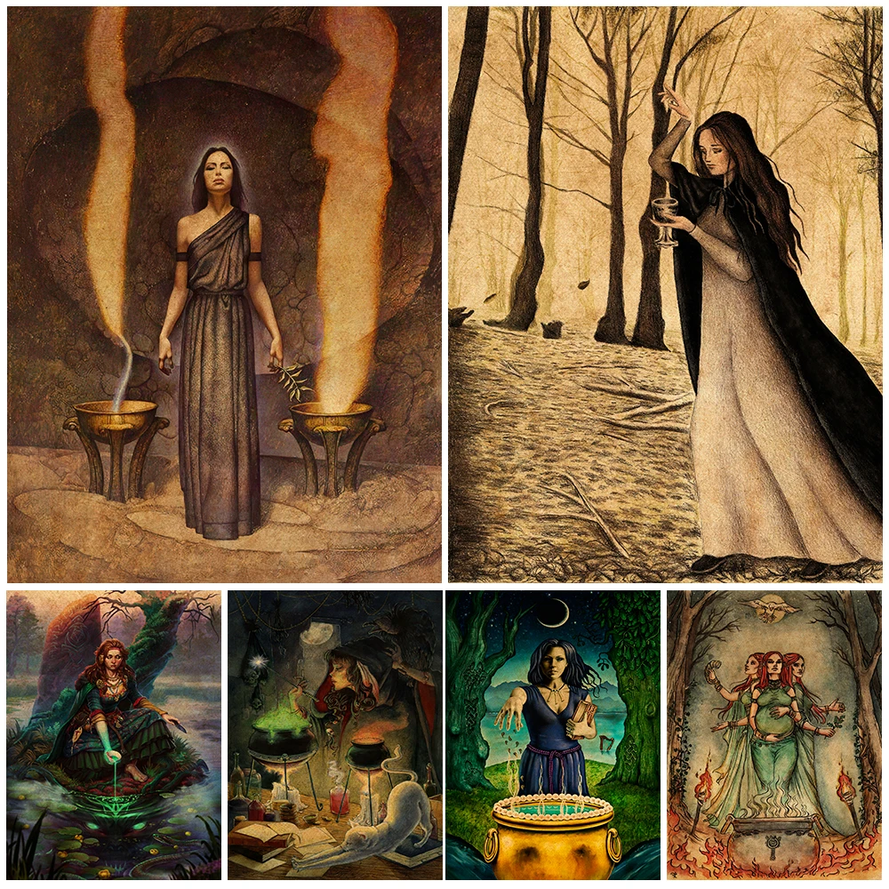 

High Priestess And Triple Goddess Vintage Wall Art Witchcraft,Magic,Wicca Poster Canvas Print The Witch Home Decoration Unframed