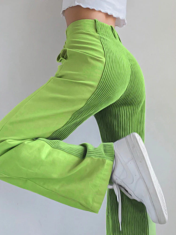 

CHRLEISURE Women Pants Corduroy Straight Trousers High Waist Contrast Color Patchwork Wide Leg Pants Y2K Street Personalit Match