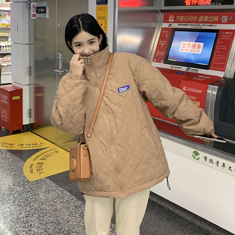 Fashion Women Winter Jacket Stand Collar Oversized Female Cotton Padded Coat Solid Black Khaki Female Parkas Clothes