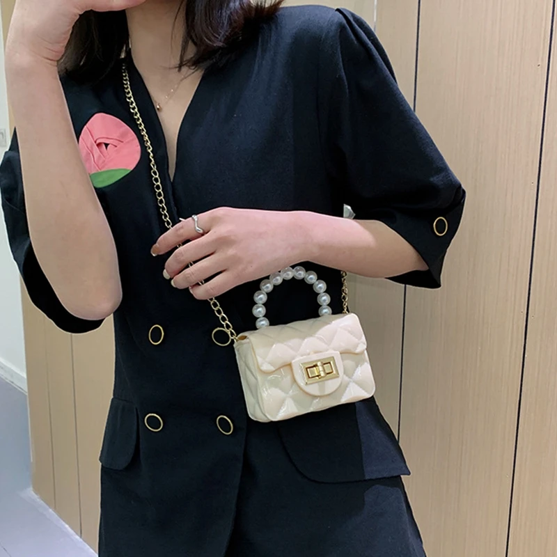 

Mini Handbags PVC Crossbody Coin Purse Diamond Pattern Pearl Handbag Plastic Small Chain Candy Color Jelly Bag For Girl