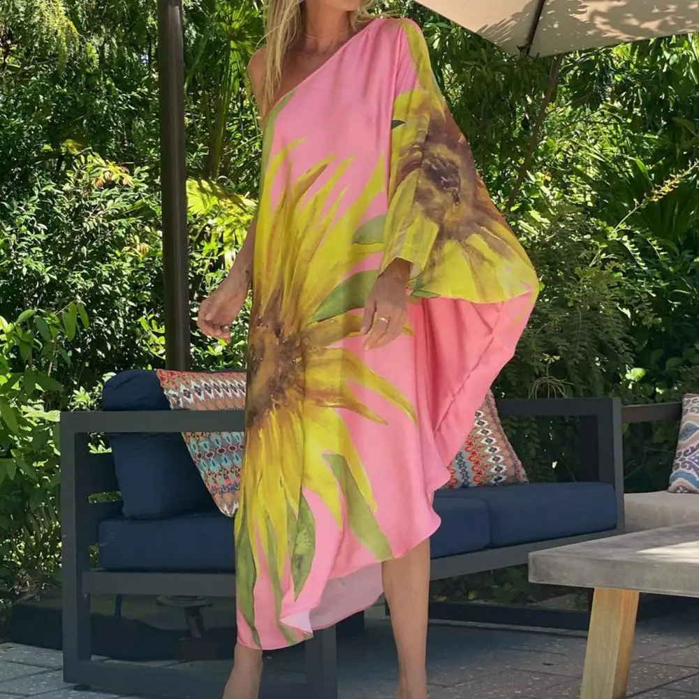 

Платье-Макси женское на одно плечо, свободное пляжное пикантное летнее платье с длинным рукавом летучая мышь, длинное с широким подолом