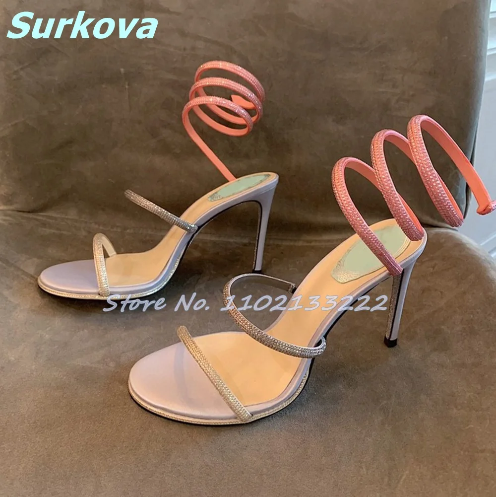 Bling Ankle Wrap Sandals Round Toe Slingbacks Thin High Heels Stilettos Summer Fashion Sexy Luxury Women Shoes Real Pictures